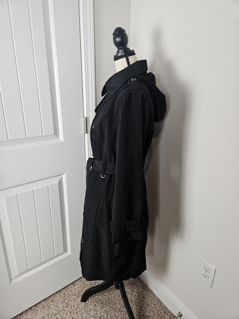 LONDON FOG DOUBLE BREASTED HOODED TRENCH COAT BLACK WOMEN'S SIZE XL - Picture 6 of 13